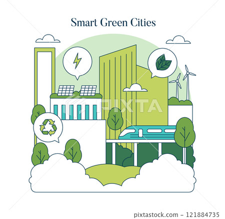 Green Infrastructure concept. Sustainable urban development with eco-friendly buildings and renewable energy. Green spaces, recycling, clean transport integration. Vector illustration. 121884735
