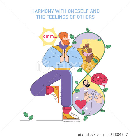 Inner peace concept. A person meditating embodies self-love, empathy, and intellectual growth surrounded by harmonious imagery. Vector illustration. Inner peace concept. A person meditating embodies self-love, empathy, and intellectual growth surrounded by harmonious imagery. Vector illustration. 121884737