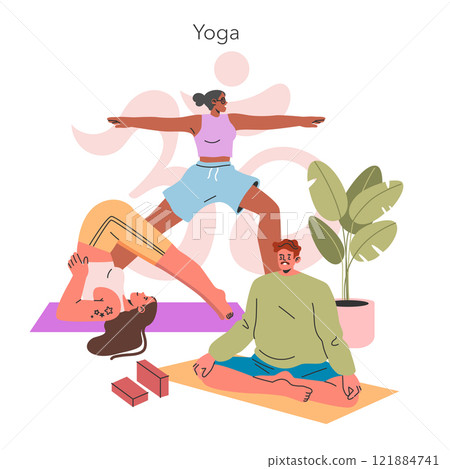 Yoga practice concept. Diverse characters performing yoga poses with mindfulness and tranquility near a potted plant. Inner peace and balance. Vector illustration. 121884741