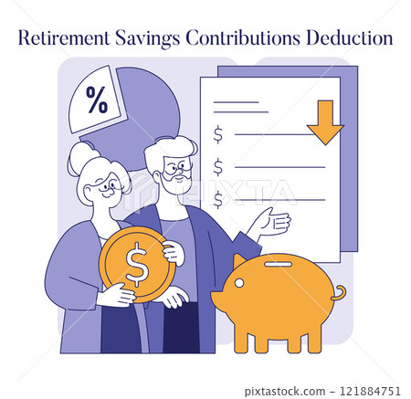 Senior couple reviewing retirement savings contributions deduction on tax documents with piggy bank. Vector illustration. Senior couple reviewing retirement savings contributions deduction on tax documents with piggy bank. Vector illustration. 121884751