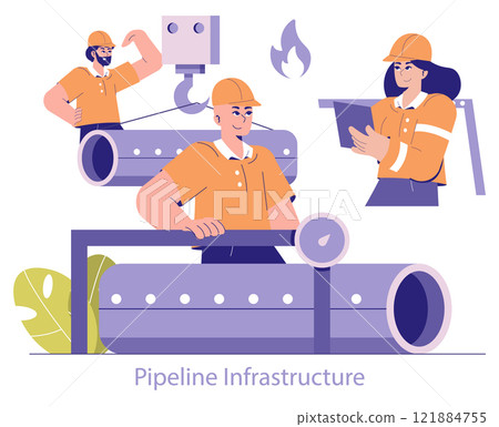 Oil and Gas Pipeline Infrastructure concept. Workers operate valves and study plans amidst pipes and flames. Industrial energy sector teamwork. Vector illustration. 121884755