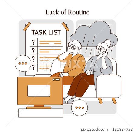 Retirement Challenges concept. Elderly couple facing uncertainty without daily structure. Adjusting to life changes, seeking purpose after work. Vector illustration. 121884758