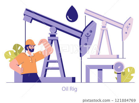 Oil Rig concept. A confident worker flexes muscles beside a towering derrick, illustrating energy extraction. Exploration, industry, and power themes. Vector illustration. 121884769