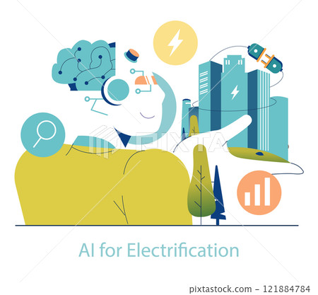 Electrification concept. Artificial intelligence streamlines city energy systems, optimizing transport and power grids. AI-driven sustainable urban development. Vector illustration. 121884784