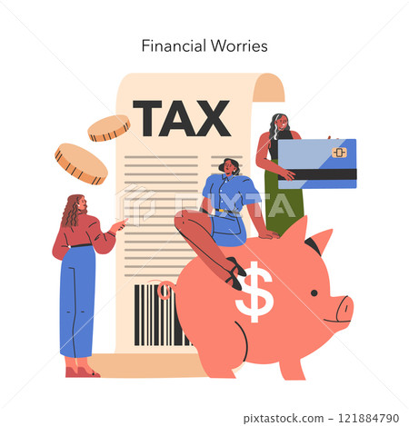 Women grappling with financial concerns during a midlife crisis, featuring tax burdens and savings challenges. Vector illustration. 121884790