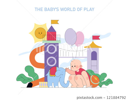 Baby's First Year concept. Joyful illustration capturing the wonder of early childhood with playful elements and a curious baby. Vector illustration. Baby's First Year concept. Joyful illustration capturing the wonder of early childhood with playful elements and a curious baby. Vector illustration. 121884792