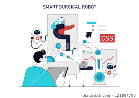 Automation in Healthcare concept. Illustration of robotic surgery and medical assistance. Surgeon controls a smart surgical robot, enhancing precision. Vector illustration. 121884796