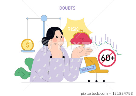 Career change concept. Anxious person weighing job options amidst risks and age concerns. Pondering financial stakes in professional transition. Vector illustration. 121884798