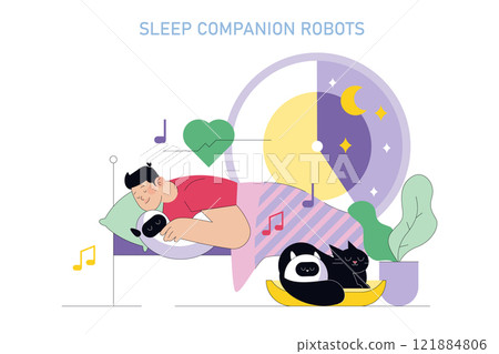 Sleepmaxxing concept. Man embracing a robot for better sleep with a serene, moonlit backdrop, highlighting the role of sleep companion robots. Vector illustration. 121884806
