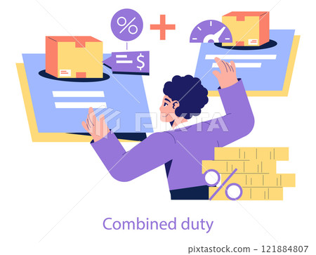 Customs Tariffs concept. An analyst assesses import duties with charts showing percentages and costs. Global trade regulation through taxation. Vector illustration. Customs Tariffs concept. An analyst assesses import duties with charts showing percentages and costs. Global trade regulation through taxation. Vector illustration. 121884807