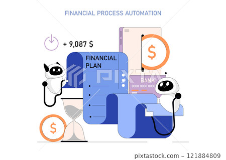 Business Process Automation concept. Robots managing financial operations with efficiency. Streamlining transactions, reducing human error. Vector illustration. Business Process Automation concept. Robots managing financial operations with efficiency. Streamlining transactions, reducing human error. Vector illustration. 121884809