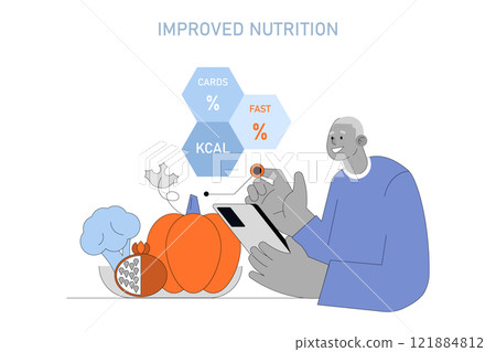 Healthy Aging concept. Elderly man tracking nutrition for longevity. Balancing carbohydrates, fasting, calories. Vector illustration. 121884812