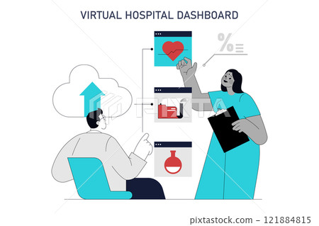 Automation in healthcare concept. Professionals interact with virtual hospital dashboard for efficient patient care management. Vector illustration. 121884815