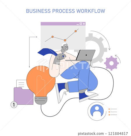 Business Process Automation concept. A character analyzes data on a laptop, symbolizing streamlined workflows. Innovation in productivity and efficiency growth. Vector illustration. 121884817