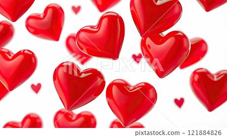 A glossy floating red hearts on a white background, exuding warmth and romance A glossy floating red hearts on a white background, exuding warmth and romance 121884826