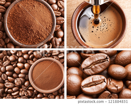 Coffee making process featuring ground coffee, brewed espresso, coffee beans, and close-up details 121884831