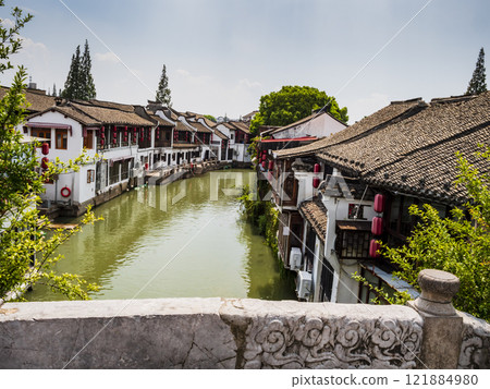 Zhujiajiao village with historic buildings over the canals that cross the town, Shanghai, China 121884980