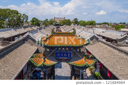 Pingyao ancient city and city wall gate leading to the entrance of Confucius temple, Shanxi, China 121884984