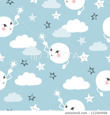 Seamless cartoon moon and stars pattern. Vector night illustration for kids design 121884986