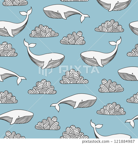 Seamless blue pattern with cute whales and clouds Seamless blue pattern with cute whales and clouds 121884987