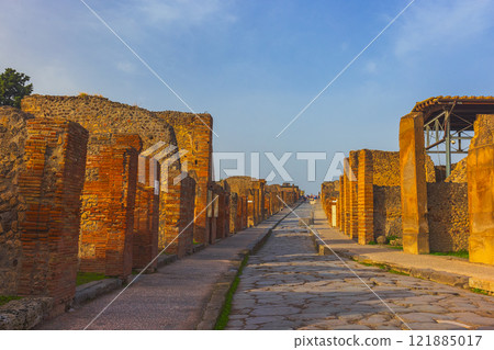 Ancient ruins of Pompei city, Naples, Italy. View of ancient city of Pompeii, Pompei is ancient Roman city destroyed from eruption of Mount Vesuvius in 1st century, Naples, Italy 121885017