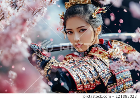 Female samurai warrior wearing ornate armor and holding katana under cherry blossoms 121885028