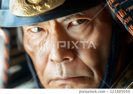 Close-up portrait of a samurai wearing traditional armor 121885050