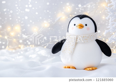 Adorable handmade penguin plush toy wearing a scarf in a snowy christmas setting 121885060