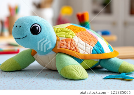 Handmade colorful turtle plush toy resting on white table 121885065