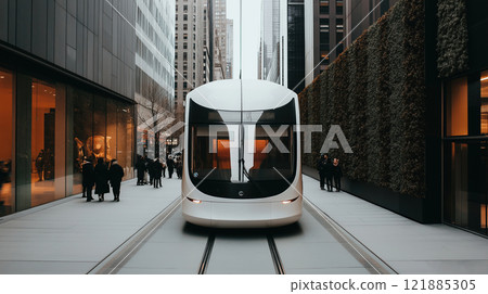 Solar-powered public transport vehicles navigating through eco-friendly urban environments with lush vertical gardens and sustainable architecture 121885305