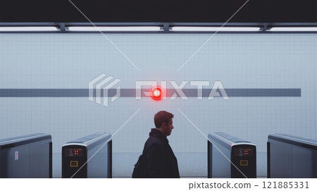 Commuter passing through transit turnstiles with facial recognition technology in an urban setting 121885331
