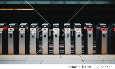 Row of sleek subway turnstiles in modern transit station. Urban infrastructure, public transportation, and automated access systems. Row of sleek subway turnstiles in modern transit station. Urban infrastructure, public transportation, and automated access systems. 121885342