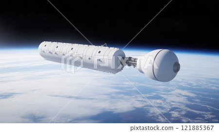 Futuristic space station orbiting Earth with modular design in outer space. Advanced space exploration, innovation in science, technology trends, sustainable habitats. 121885367