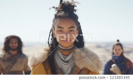 Young woman with braided hair wearing fur-trimmed jacket in desert setting, smiling confidently. Adventure themes, resilience, community connection, and diverse representation 121885395