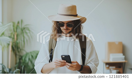 Young man in casual attire with hat and sunglasses using a smartphone. Modern traveler, digital connectivity, stylish exploration, laid-back lifestyle. 121885401