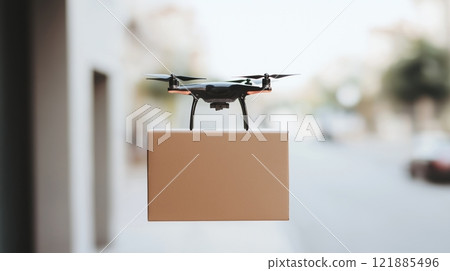 Drones delivering packages to designated landing pads on urban rooftops during a sunny day in a busy city environment Drones delivering packages to designated landing pads on urban rooftops during a sunny day in a busy city environment 121885496