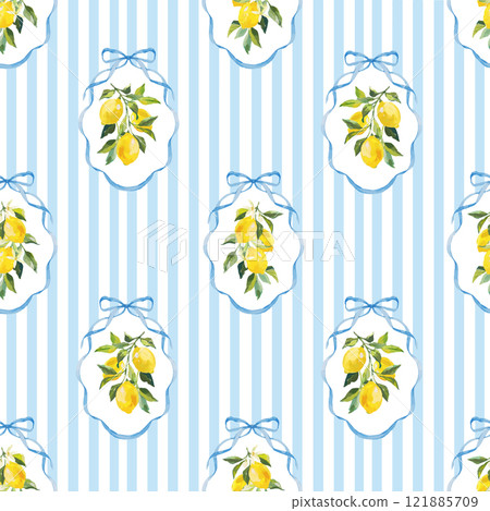 Beautiful vector seamless checkered pattern with bows and lemons. Composition with vintage bows and handmade ribbons. Blue ribbon on a light blue striped background. 121885709