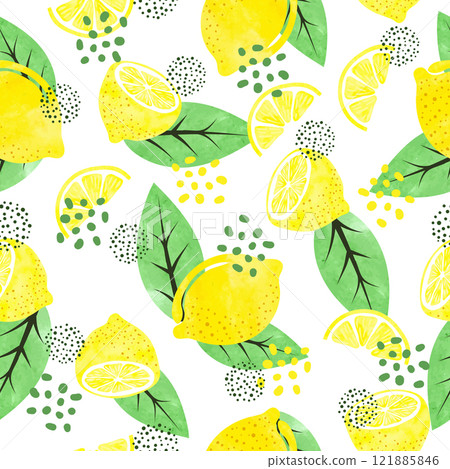 Seamless watercolor lemon pattern with fruits and leaves 121885846