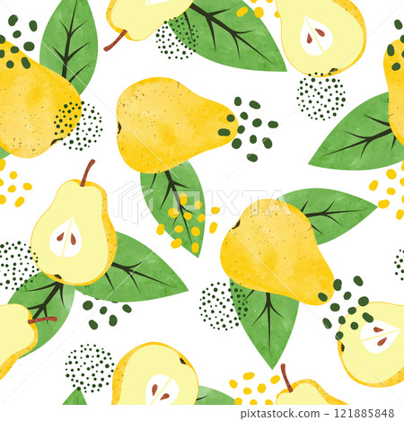 Seamless watercolor pears pattern. Vector yellow fruit background Seamless watercolor pears pattern. Vector yellow fruit background 121885848