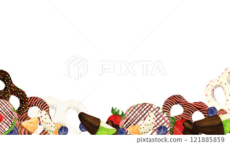 Watercolor board of pretzels twist and fruit covered different chocolate and decoration 121885859