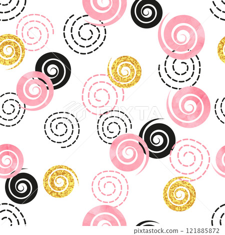 Seamless abstract pattern with pink, black and golden spirals 121885872