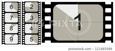 Movie countdown, vintage silent film and blank full frame still photography film realistic thirty five millimeters proportions, set of icons 121885896