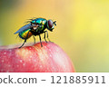 Green dung fly sits on an red apple close up 121885911
