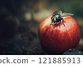 Green dung fly sits on an red apple close up 121885913