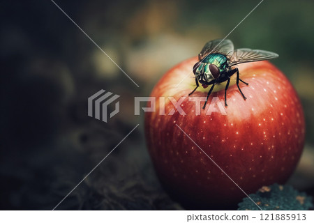 Green dung fly sits on an red apple close up 121885913