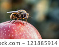 Fly sits on an red apple close up 121885914