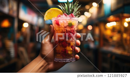 A vivid fruit cocktail with pineapple and berries held in a bustling market scene, perfect for summer, tropical, or street food-themed visuals 121885927