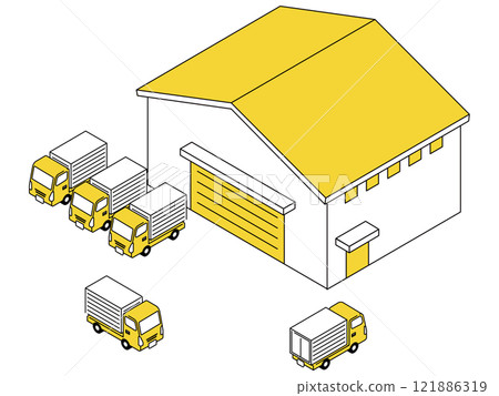 Illustration of a logistics warehouse and trucks lined up Illustration of a logistics warehouse and trucks lined up 121886319