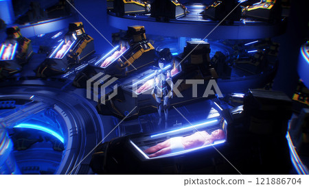 futuristic female robot in laboratory with cryocapsules with sleeping peoples. Cryo sleep future concept. 3d rendering. 121886704