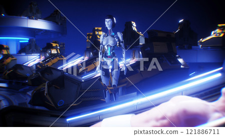 futuristic female robot in laboratory with cryocapsules with sleeping peoples. Cryo sleep future concept. 3d rendering. futuristic female robot in laboratory with cryocapsules with sleeping peoples. Cryo sleep future concept. 3d rendering. 121886711